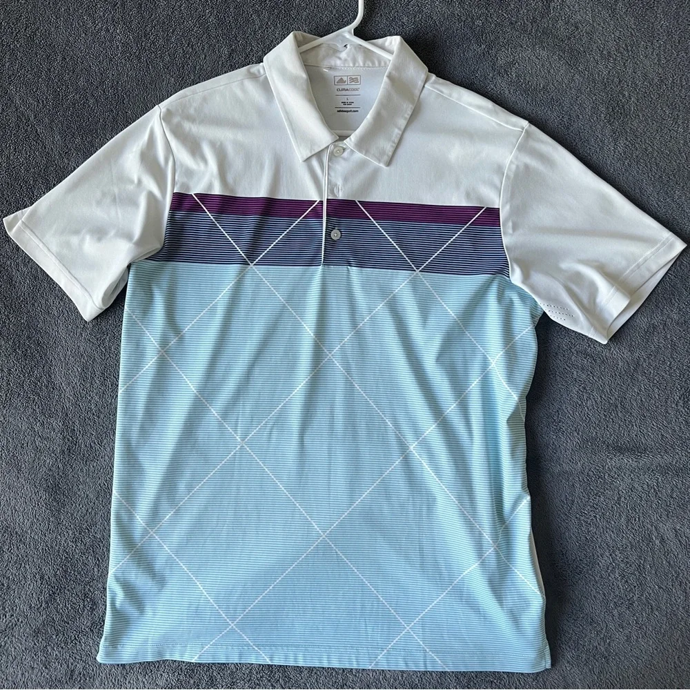 🔥adidas White and Blue Polo with Purple Accents